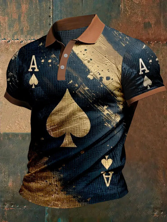 Texas Hold’Em Poker Graphic Printed Waffle Texture Athletic V-Neck Short Sleeves Polo Shirt A / S