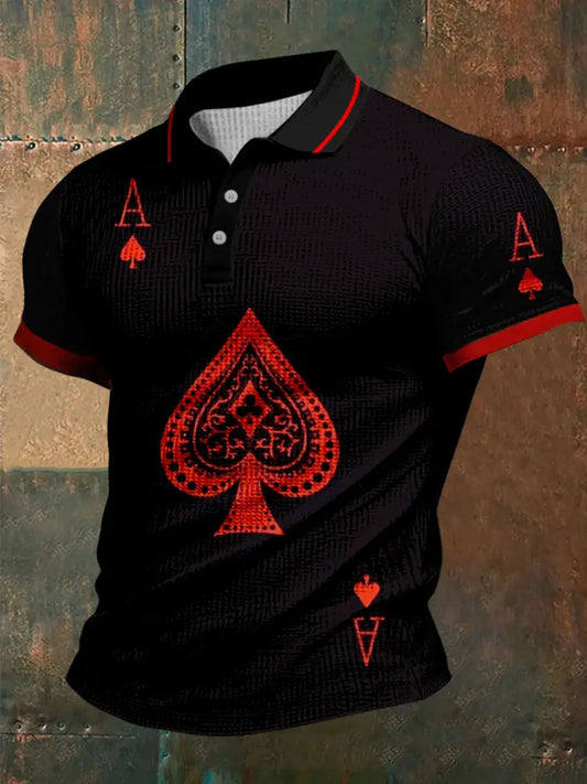 Texas Hold’Em Poker Graphic Printed Waffle Texture Athletic V-Neck Short Sleeves Polo Shirt A / S
