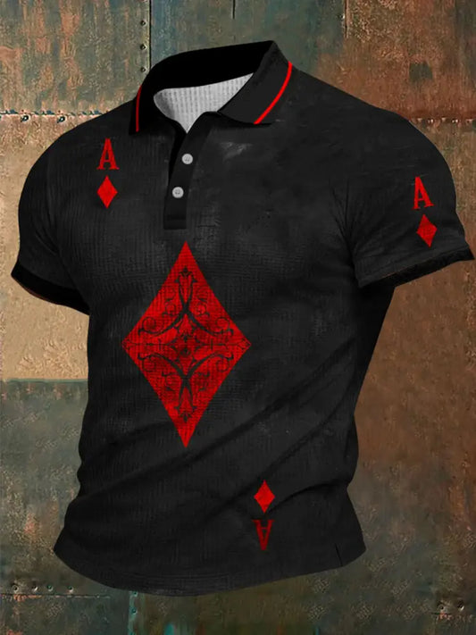 Texas Hold’Em Poker Graphic Printed Waffle Texture Athletic V-Neck Short Sleeves Polo Shirt A / S