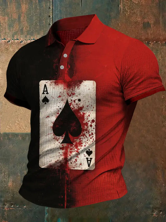 Texas Hold’Em Poker Graphic Printed Waffle Texture Athletic V-Neck Short Sleeves Polo Shirt A / S