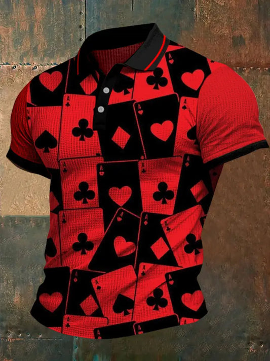 Texas Hold’Em Poker Graphic Printed Waffle Texture Athletic V-Neck Short Sleeves Polo Shirt A / S