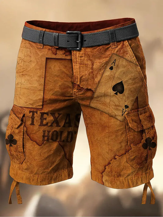 Texas Hold’em Poker Map Printed Texture Drawstring Pocket Casual Cargo Shorts A / M