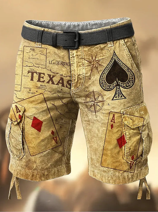 Texas Hold’em Poker Map Printed Texture Drawstring Pocket Casual Cargo Shorts A / M