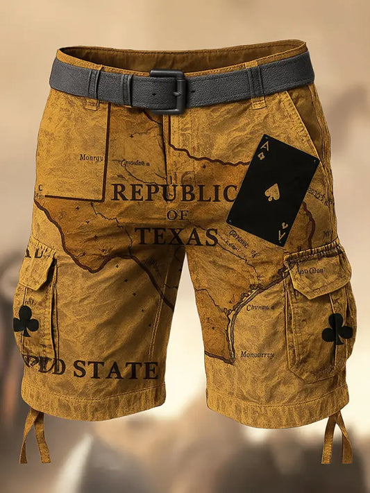 Texas Hold’em Poker Map Printed Texture Drawstring Pocket Casual Cargo Shorts A / M