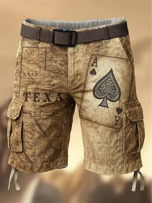Texas Hold’em Poker Map Printed Texture Drawstring Pocket Casual Cargo Shorts A / M