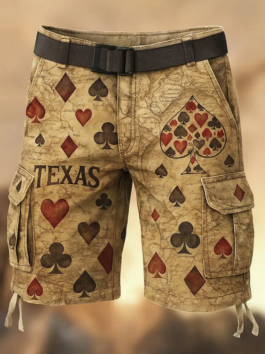 Texas Hold’em Poker Map Printed Texture Drawstring Pocket Casual Cargo Shorts A / M