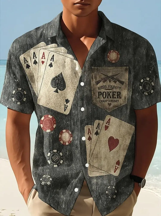 Texas Hold’em Poker Printed Retro Casual Texture Athletic V-Neck Short Sleeves Shir A / S