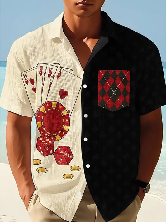 Texas Hold’em Poker Printed Retro Casual Texture Athletic V-Neck Short Sleeves Shir A / S