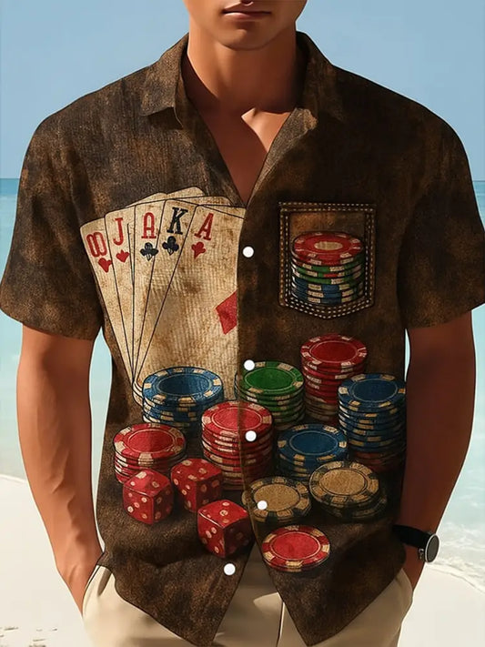 Texas Hold’em Poker Printed Retro Casual Texture Athletic V-Neck Short Sleeves Shir A / S