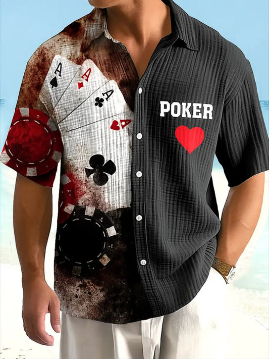 Texas Hold’em Poker Printed Retro Casual Texture Athletic V-Neck Short Sleeves Shir A / S