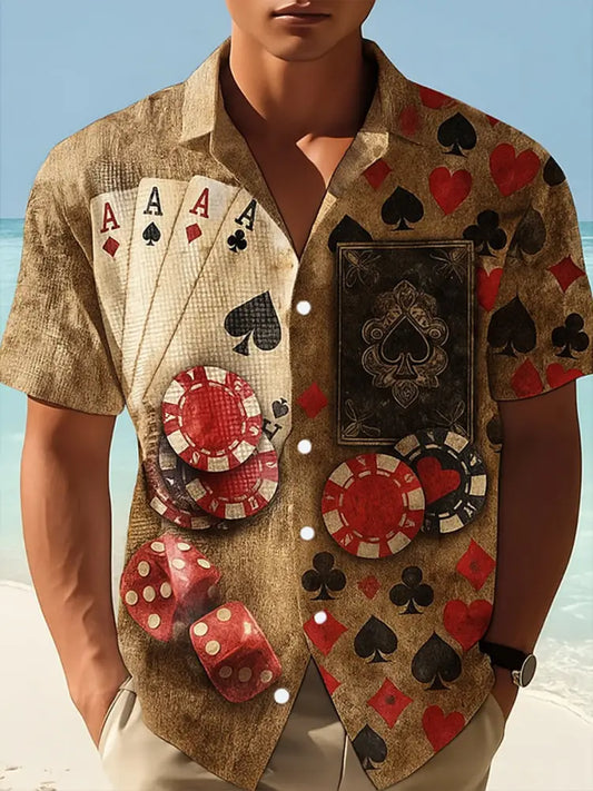 Texas Hold’em Poker Printed Retro Casual Texture Athletic V-Neck Short Sleeves Shir A / S