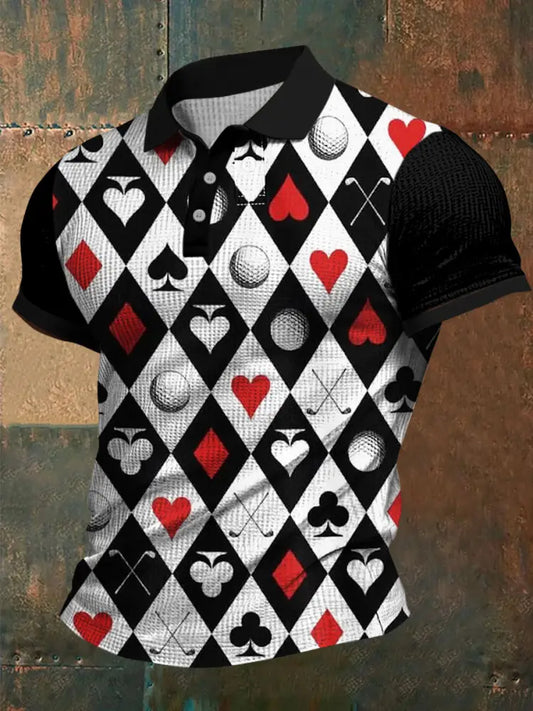 Texas Hold’em Poker Printed Waffle Texture Athletic V-Neck Short Sleeves Polo Shirt A / S