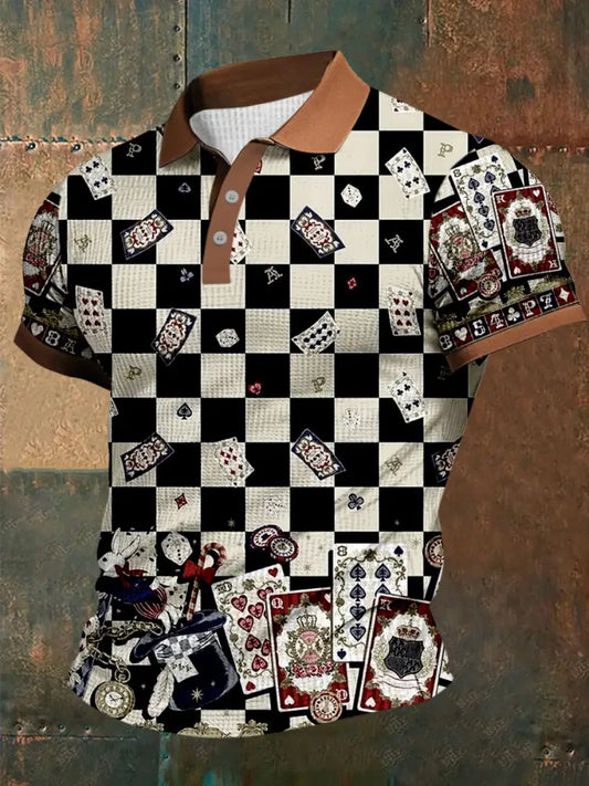 Texas Hold’em Poker Printed Waffle Texture Athletic V-Neck Short Sleeves Polo Shirt A / S