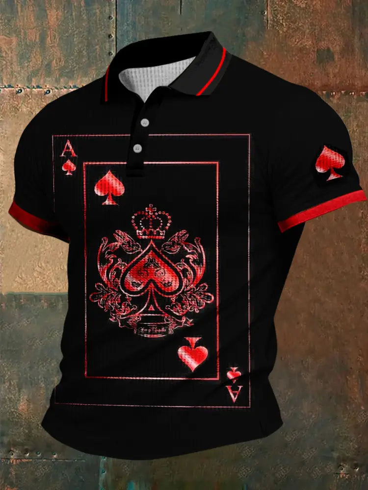 Texas Hold’em Poker Spades Printed Waffle Texture Athletic V-Neck Short Sleeves Polo Shirt A / S