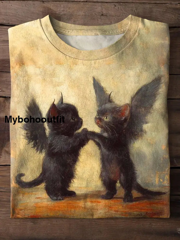 Two Black Kitty Art Print Casaul Short Sleeve T-Shirt Multicolor / S