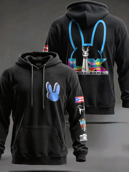 Unisex Bunny Football Music Lover Printed Hoodie Black / S