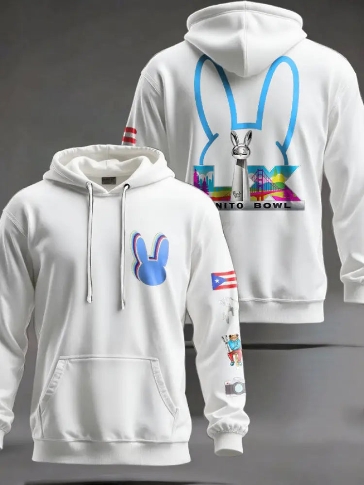 Unisex Bunny Football Music Lover Printed Hoodie White / S