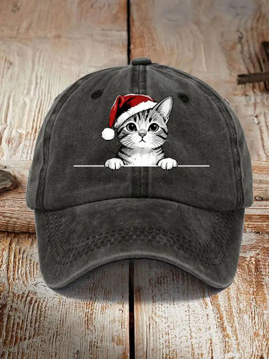 Unisex Christmas Hat Cat Print Hat Black / ONE