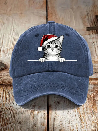 Unisex Christmas Hat Cat Print Hat Navy Blue / ONE