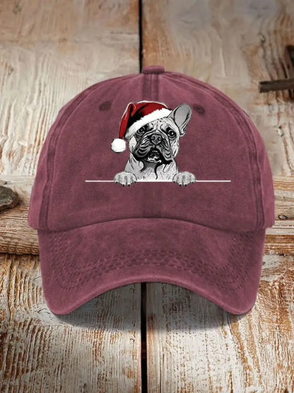 Unisex Christmas Hat Pug Print Hat Wine Red / ONE