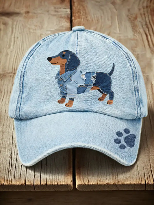 Unisex Denim Patchwork Art Dachshund Dog Pattern Washed Hat Light Blue / ONE