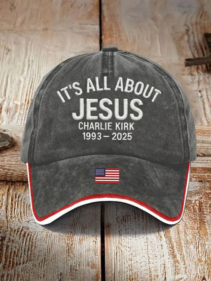 Unisex It’s All About Jesus Charlie Kirk Print Hat Gray / ONE