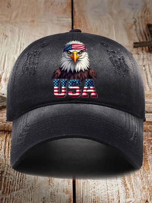 Unisex USA Flag Bald Eagle Print Hat Black / JM
