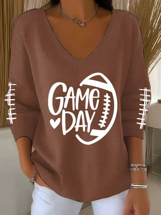 V Neck Football Fans Lovers Gameday Casual Ribbed Top Brown / S
