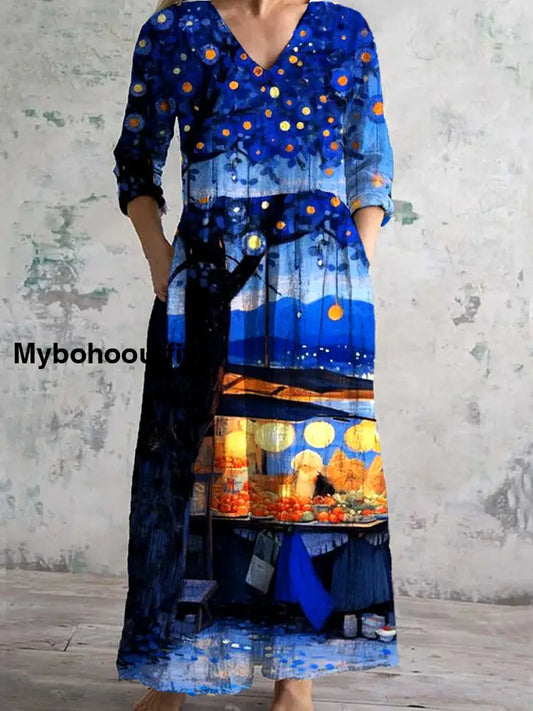 Vintage Art Print Chic V Neck 3/4 Sleeve Elegant Midi Dress A / S