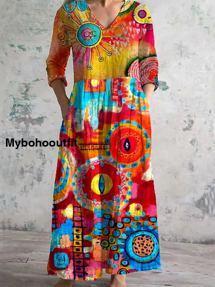 Vintage Art Print Chic V-Neck Three-Quarter Sleeve Elegant Midi Dress A / S