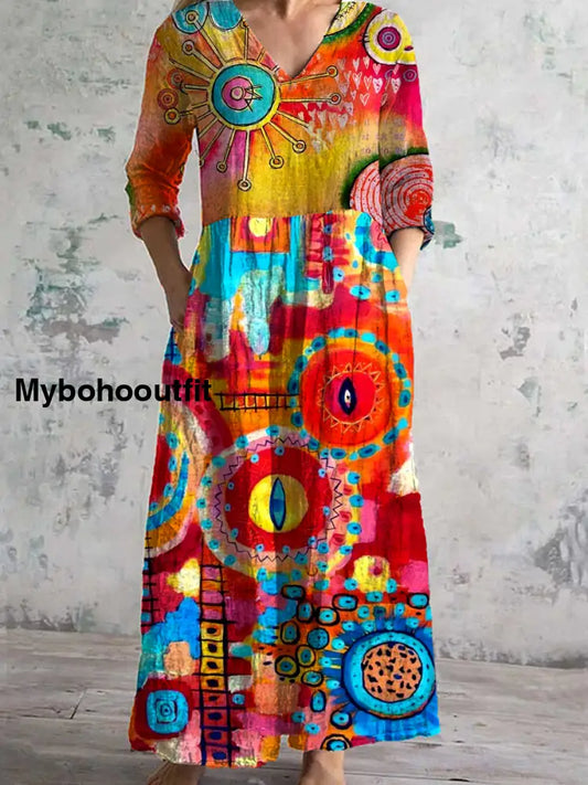 Vintage Art Print Chic V-Neck Three-Quarter Sleeve Elegant Midi Dress A / S