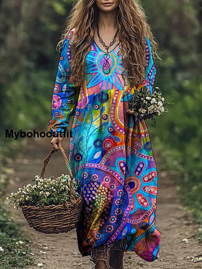 Vintage Art Print V-Neck Elegant Chic Loose Long Sleeve Midi Dress A / S