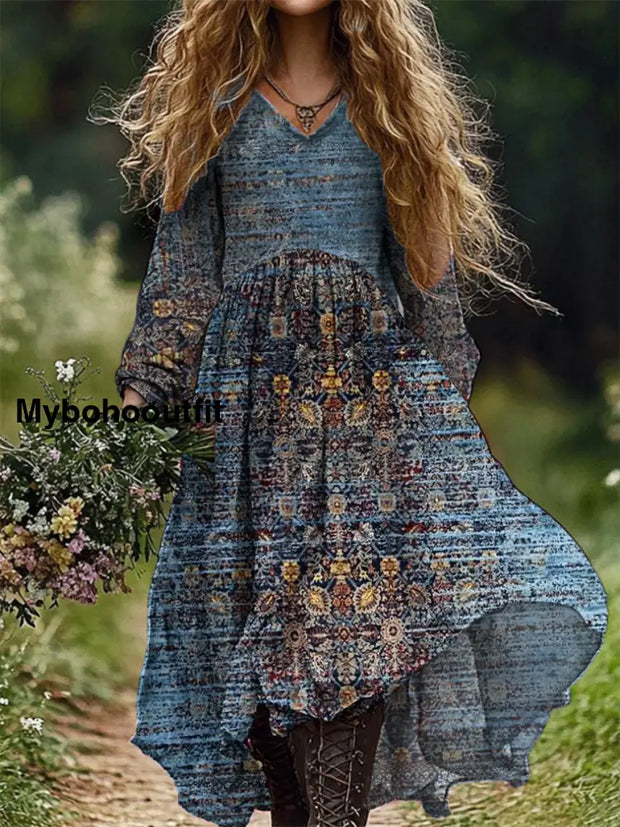 Vintage Art Print V-Neck Elegant Chic Loose Long Sleeve Midi Dress A / S