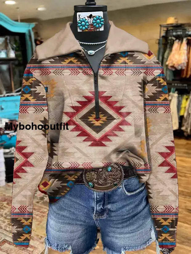 Vintage Aztec Art Print Design Long Sleeve Casual Sweatshirt A / S