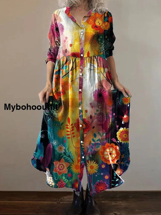 Vintage Bohemian Floral Art Print Chic V Neck Three Quarter Sleeve Button Elegant Midi Dress A / S