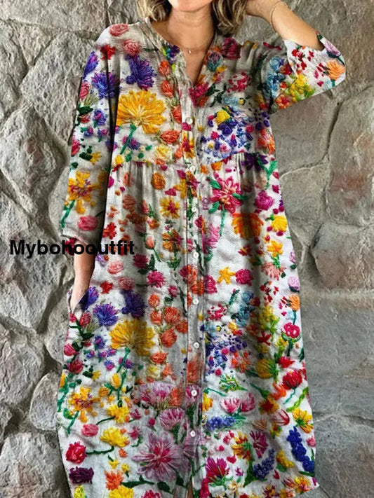 Vintage Bohemian Floral Art Print Chic V Neck Three Quarter Sleeve Button Elegant Midi Dress A / S