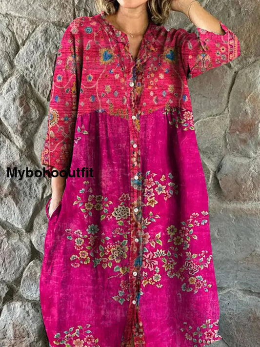 Vintage Bohemian Floral Art Print Chic V Neck Three Quarter Sleeve Button Elegant Midi Dress A / S