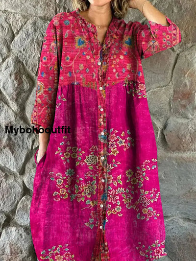 Vintage Bohemian Floral Art Print Chic V Neck Three Quarter Sleeve Button Elegant Midi Dress A / S