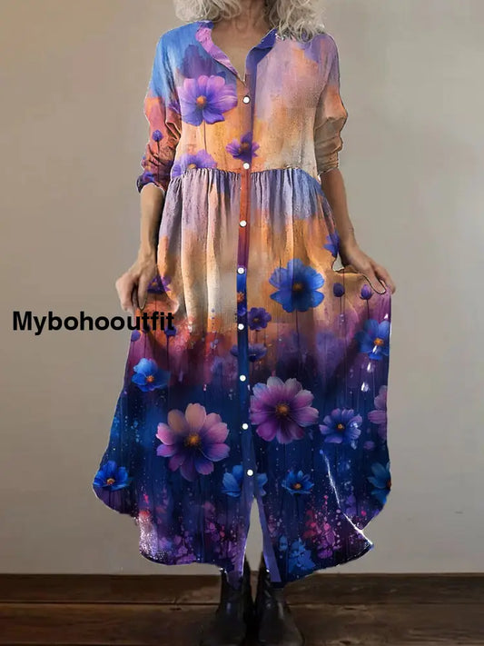 Vintage Bohemian Floral Art Print Chic V Neck Three Quarter Sleeve Button Elegant Midi Dress A / S
