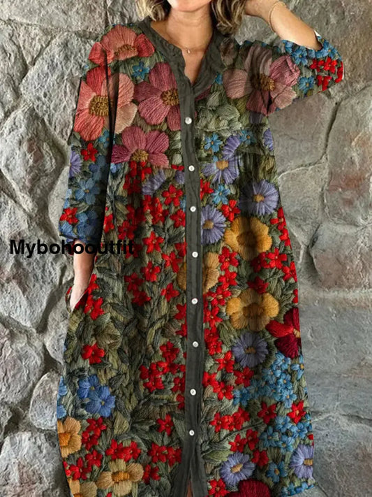 Vintage Bohemian Floral Art Print Chic V Neck Three Quarter Sleeve Button Elegant Midi Dress A / S