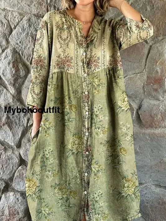 Vintage Bohemian Floral Art Print Chic V Neck Three Quarter Sleeve Button Elegant Midi Dress A / S