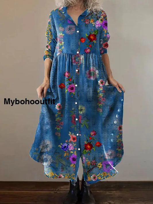 Vintage Bohemian Floral Art Print Chic V Neck Three Quarter Sleeve Button Elegant Midi Dress A / S