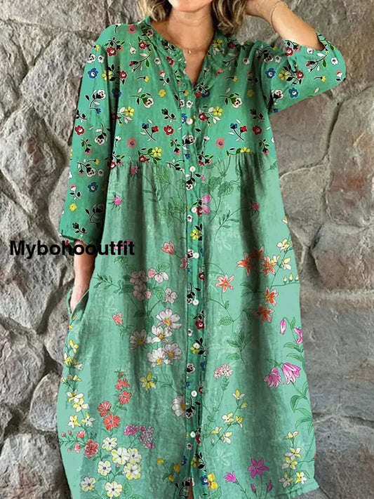 Vintage Bohemian Floral Art Print Chic V Neck Three Quarter Sleeve Button Elegant Midi Dress A / S