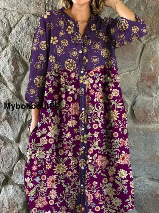Vintage Bohemian Floral Art Print Chic V Neck Three Quarter Sleeve Button Elegant Midi Dress A / S