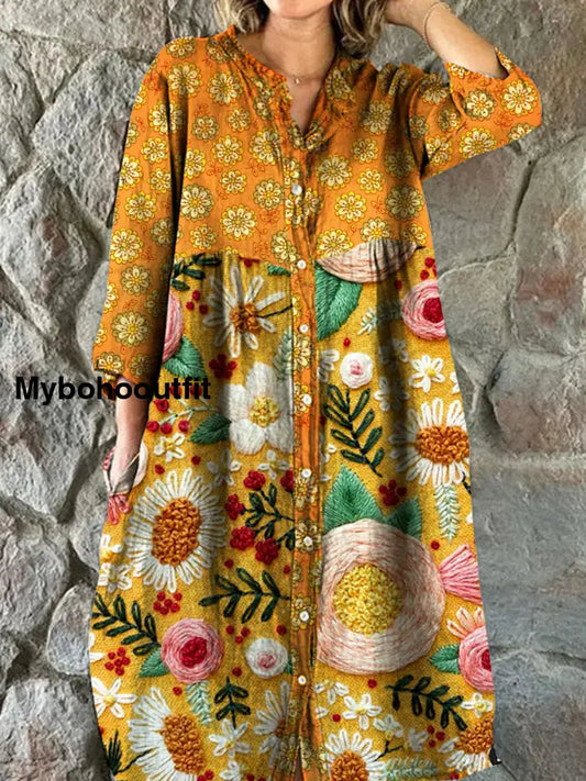 Vintage Bohemian Floral Art Print Chic V Neck Three Quarter Sleeve Button Elegant Midi Dress A / S