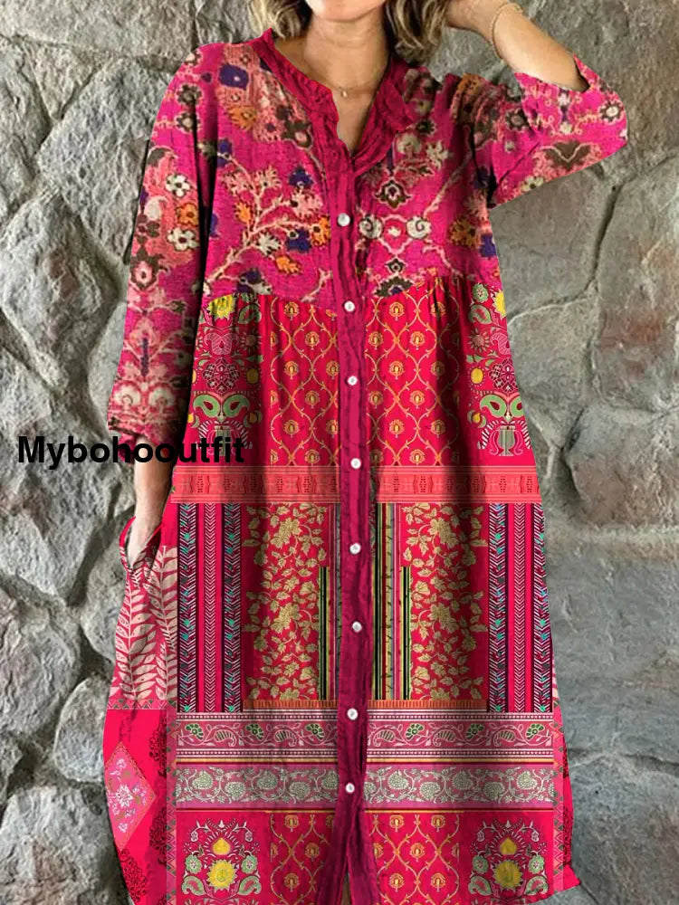 Vintage Bohemian Floral Art Print Chic V Neck Three Quarter Sleeve Button Elegant Midi Dress A / S