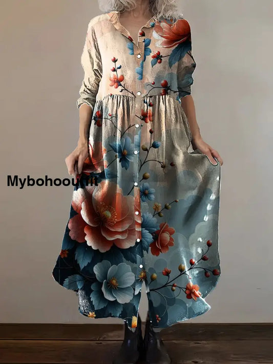 Vintage Bohemian Floral Art Print Chic V Neck Three Quarter Sleeve Button Elegant Midi Dress A / S