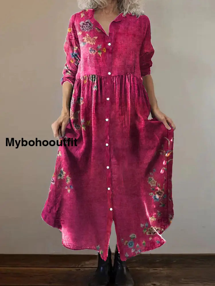 Vintage Bohemian Floral Art Print Chic V Neck Three Quarter Sleeve Button Elegant Midi Dress A / S