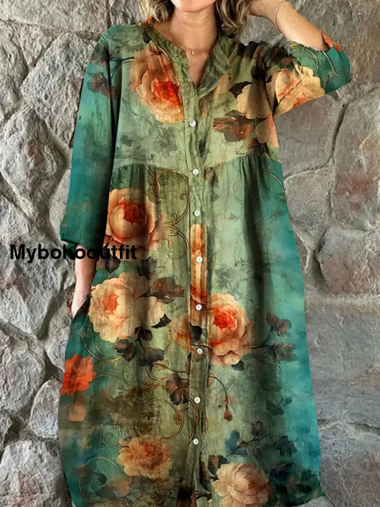 Vintage Bohemian Floral Art Print Chic V Neck Three Quarter Sleeve Button Elegant Midi Dress A / S