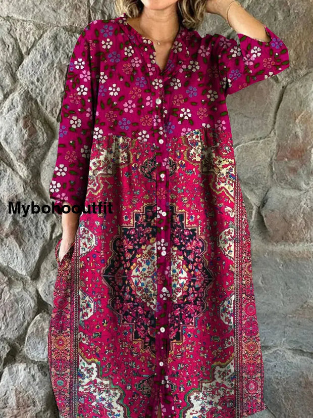 Vintage Bohemian Floral Art Print Chic V Neck Three Quarter Sleeve Button Elegant Midi Dress A / S